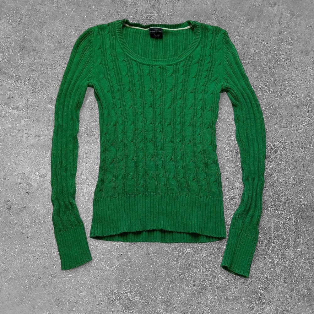 Vintage Faded Glory Green Cable Knit Cotton Sweater Womens Small Preppy Scoop